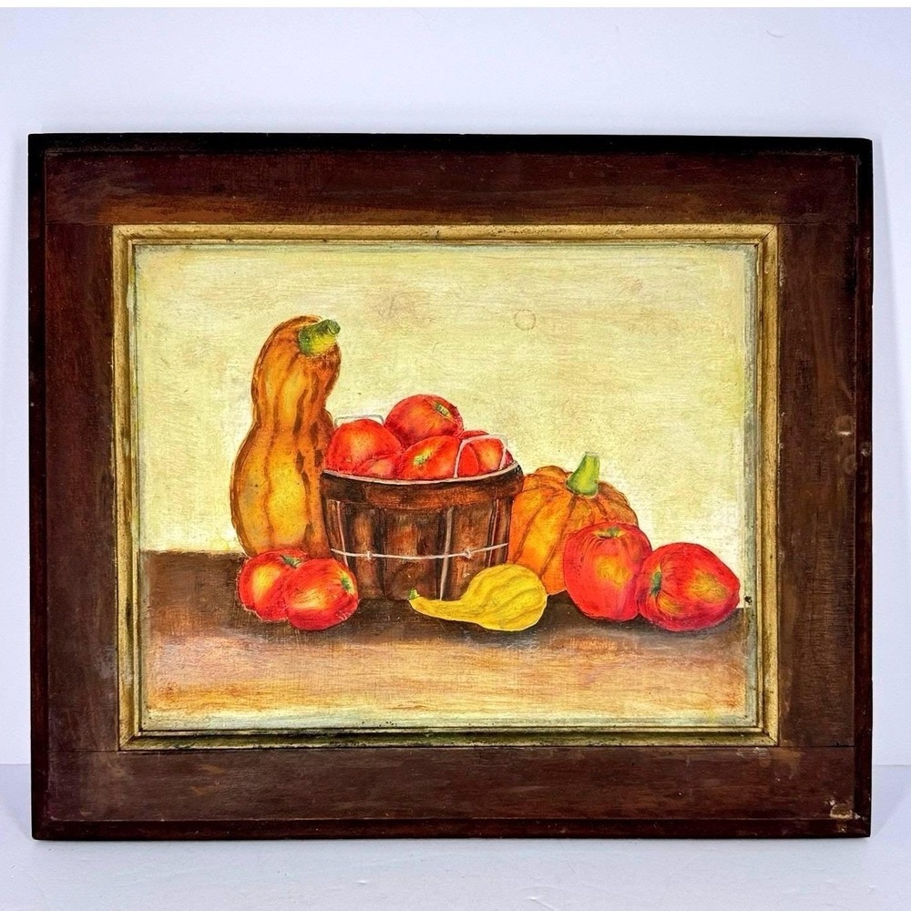 Vintage Fruit Still Life Wall Art Framed Apples Basket Squash Rustic Kitchen